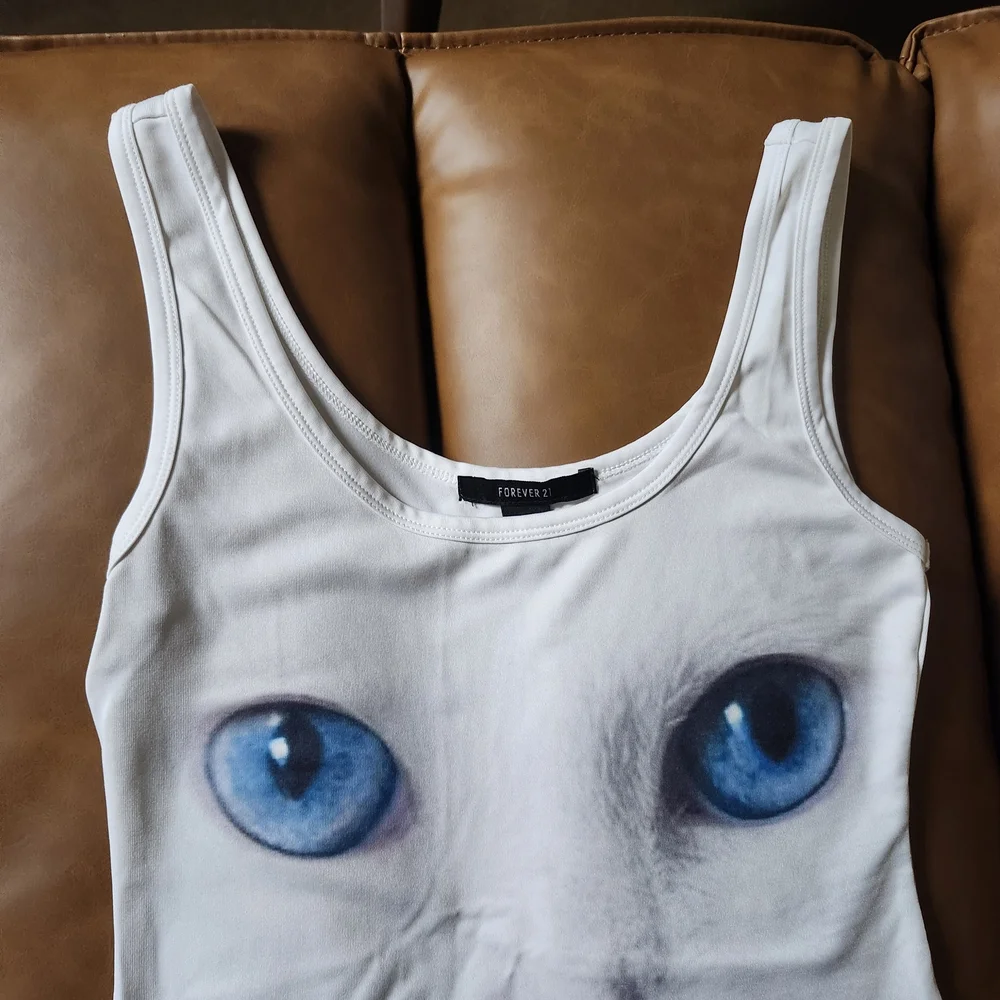 Forever 21 White Cat Face Tank Bodysuit with Blue Eyes